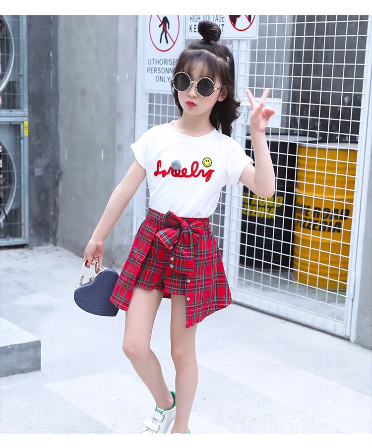 Children's Set Summer Girls Short Sleeve White Tops+ Red Grid Culottes Two Piece Suit Teen Clothes for Girls 8 9 10 11 12 Years