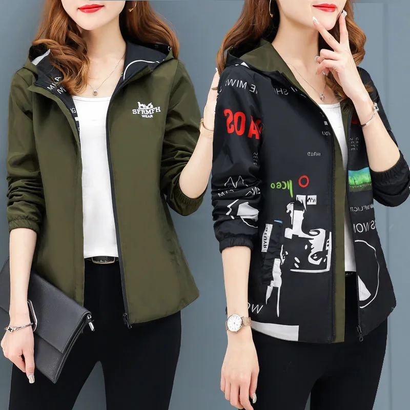 Женская ветровка на молнии Повседневная легкая куртка с капюшоном и принтом 2019 |
