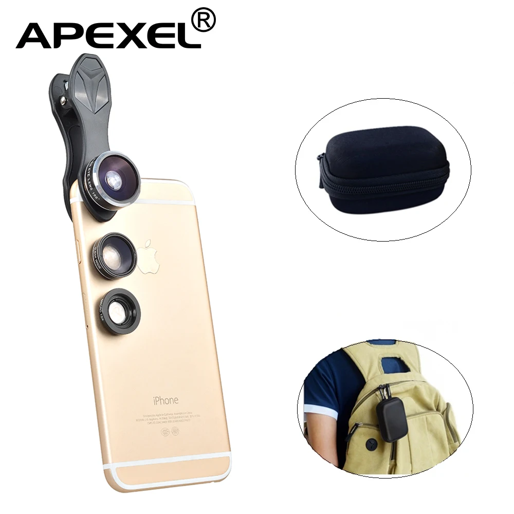 APEXEL телефон Камера объектив Комплект 3in1 198 градусов рыбий глаз + 0.63X Широкий