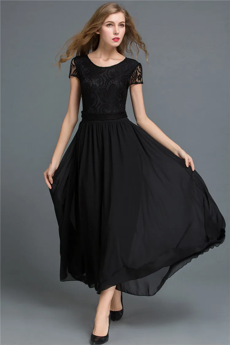 2017 модные милые шифон Сращивание Кружева Круглый воротник с коротким рукавом