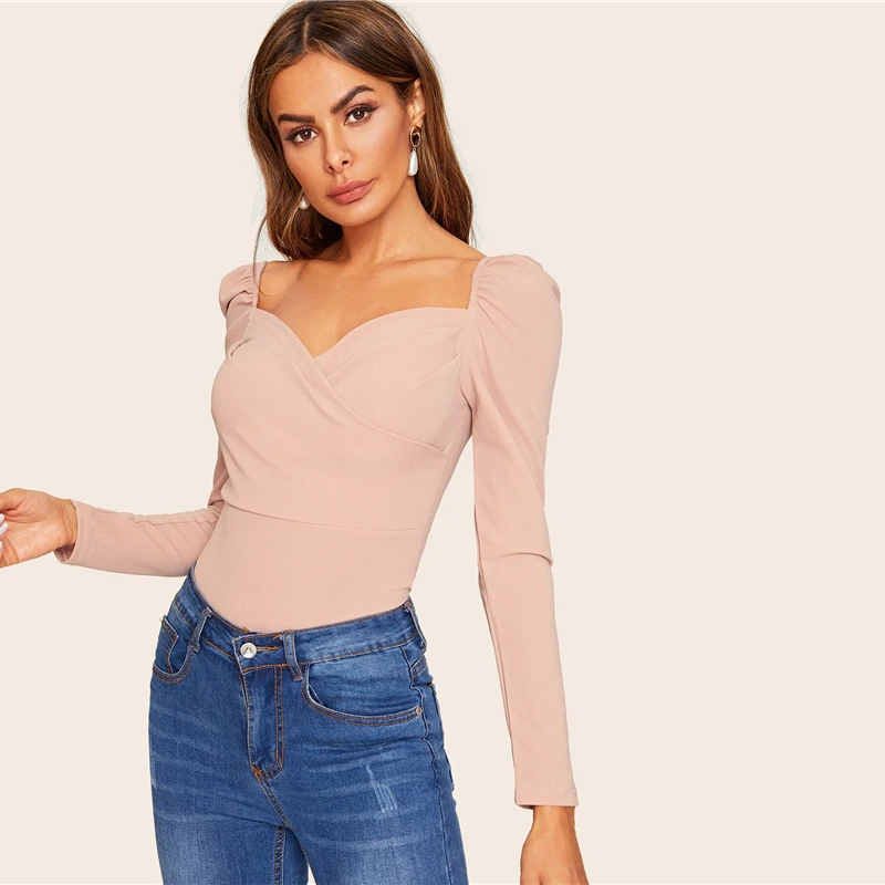 SHEIN Приталенный Топ На Молнии С Оригинальным Рукавом Сексуальные Женские Осенние Блузки