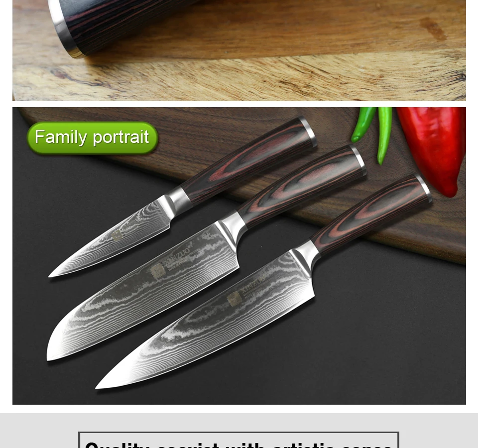 XINZUO 3 шт. набор кухонных столовых приборов японский шеф-повар Santoku Фруктовые Ножи Дамасская сталь кухонный нож Pakka Деревянная Ручка новое поступление
