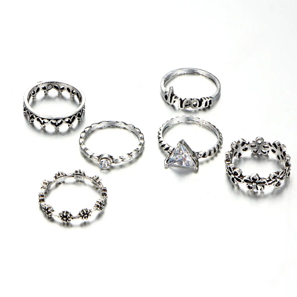 European and American ornaments retro hollowed-out triangulation dream flowers 6 sets of combination ring suit | Украшения и
