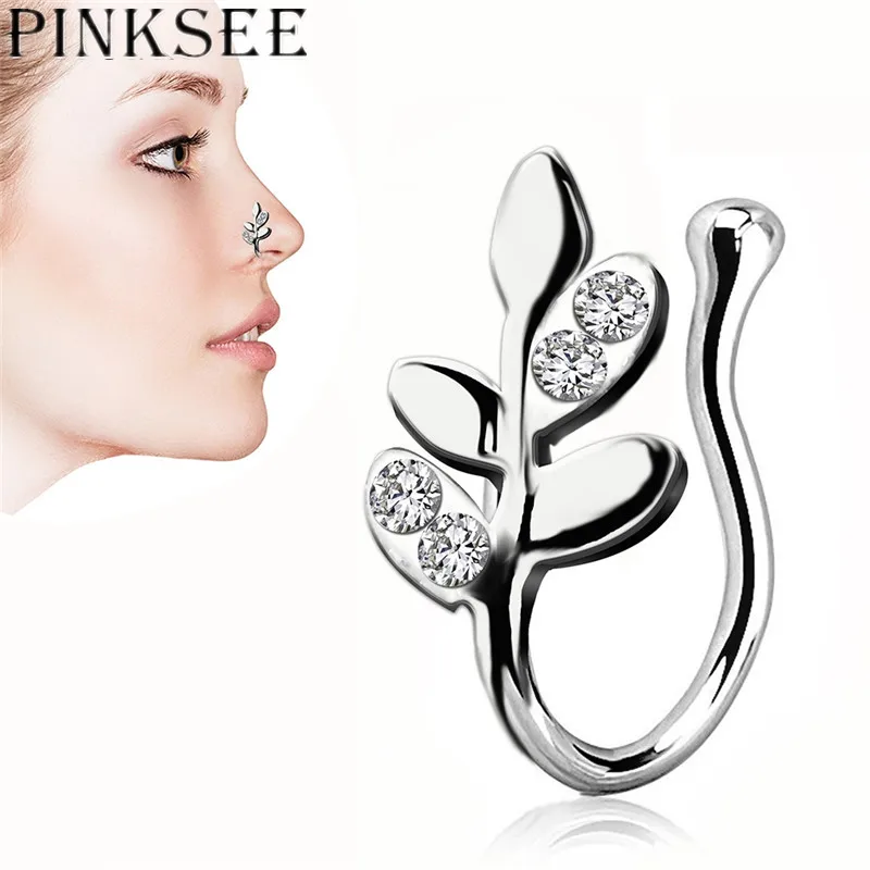 Гипоаллергенное носовое кольцо PINKSEE в форме листа с кристаллом фальшивый нос без