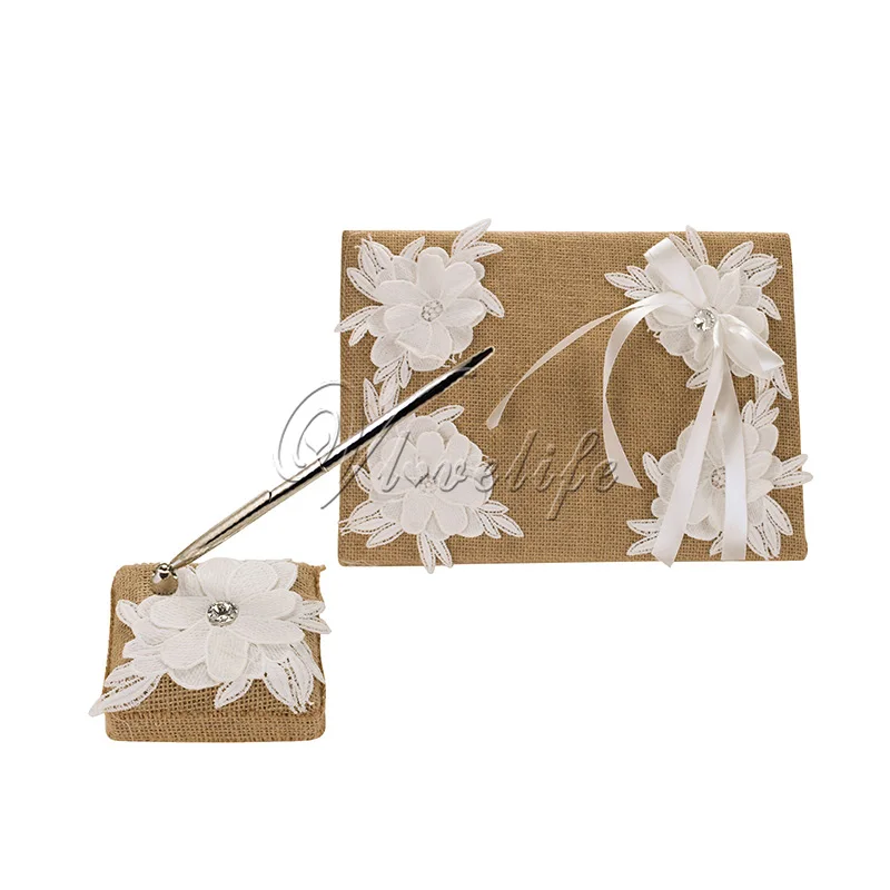 2 шт./компл. Мешковина Свадебная Гостевая книга + ручка набор с кружевной лентой