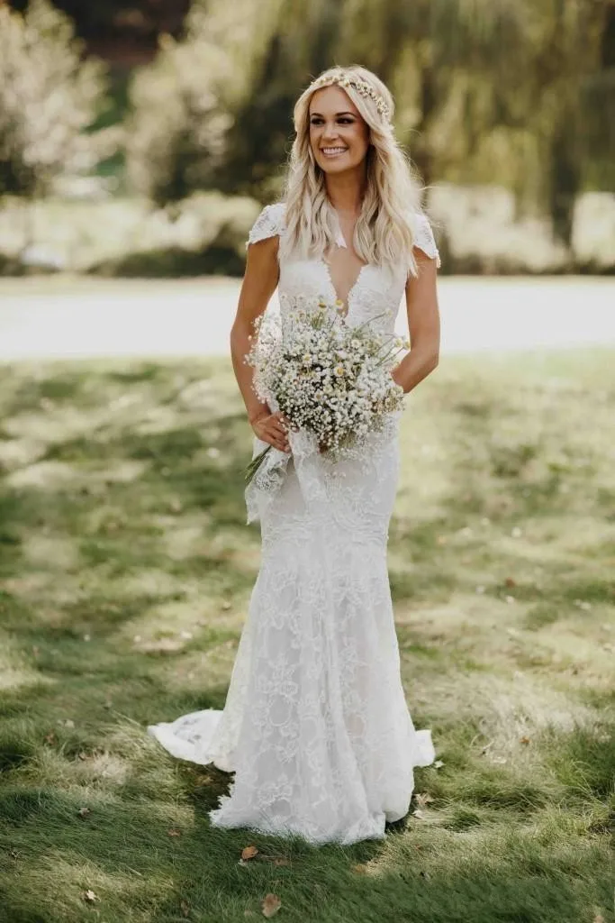 Robe de mariee кружевное пляжное свадебное платье сексуальное платье с открытой спиной и короткими рукавами Boho Vestido De Noiva Элегантное свадебное платье русалки