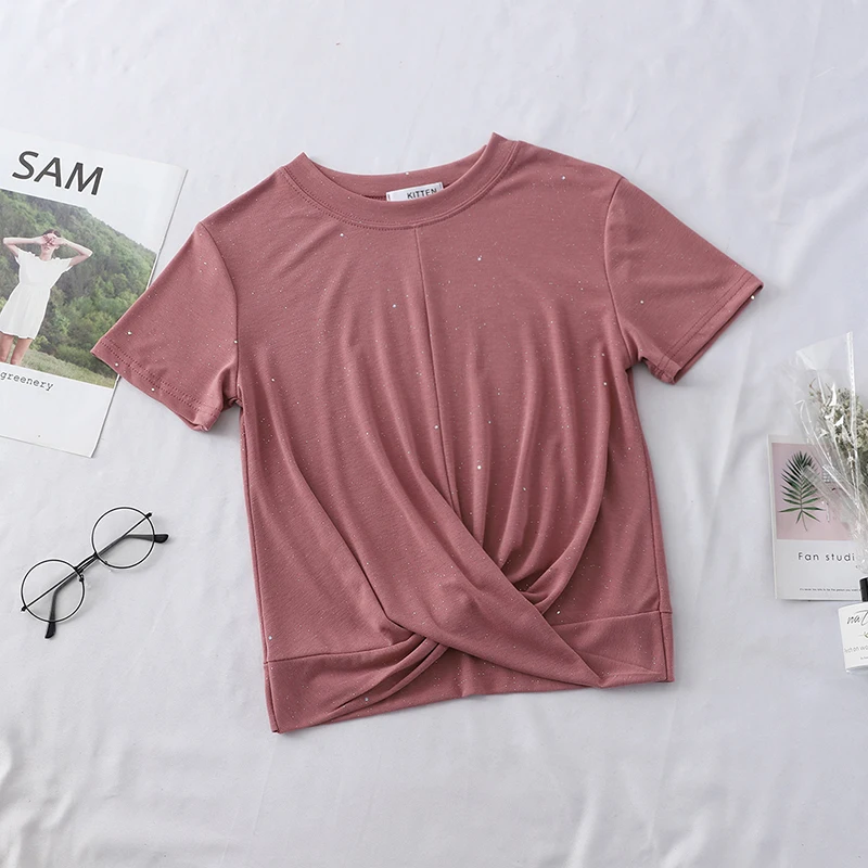 2019 Летняя Сексуальная футболка с перекрестным узлом и коротким рукавом женские