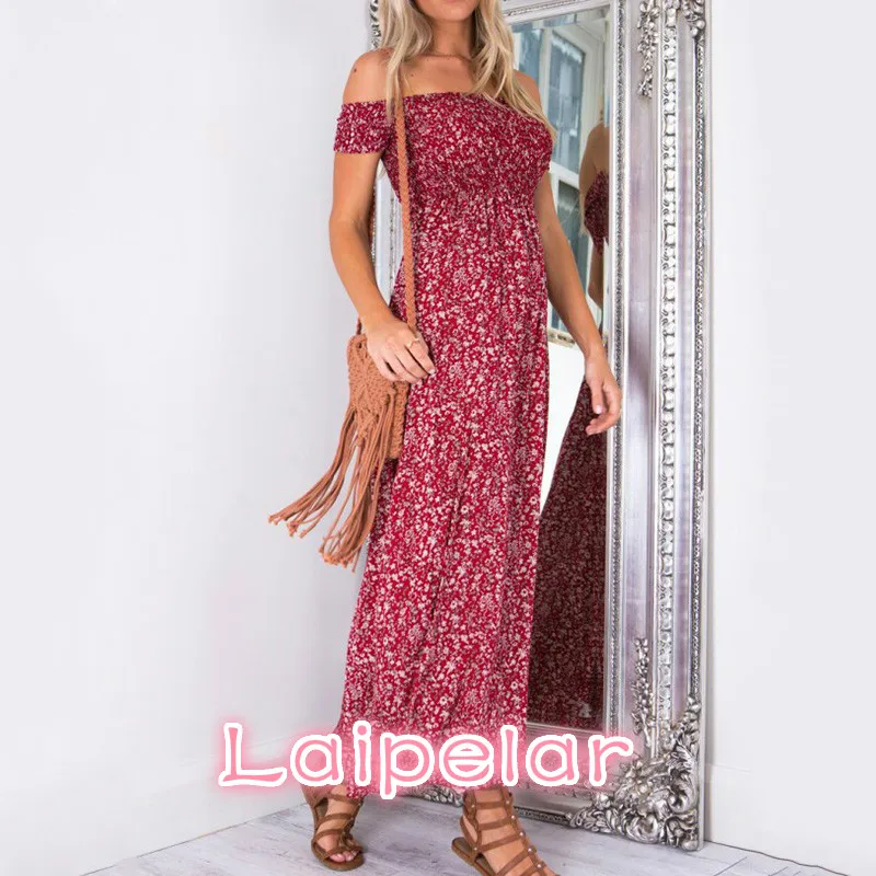 

New arrival sexy slim backless beach dress women summer dress 2020 fashion boho print short sleeve slash neck party long dresses