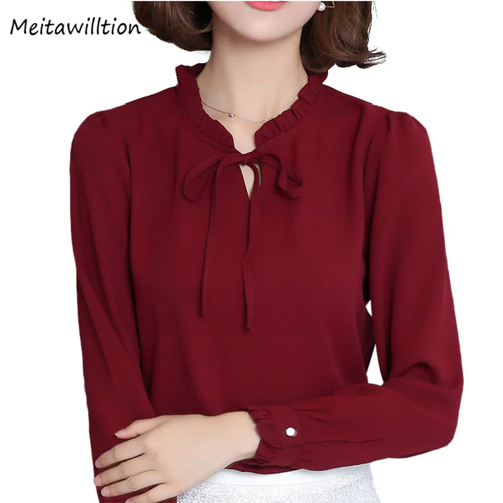 Женская белая рубашка с длинным рукавом шифоновая блузка бантом и оборками на