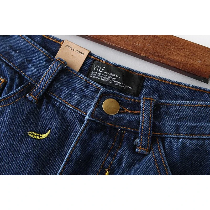 Высокая Талия Джинсовые шорты Для женщин банан Вышивка Короткие джинсы Горячая