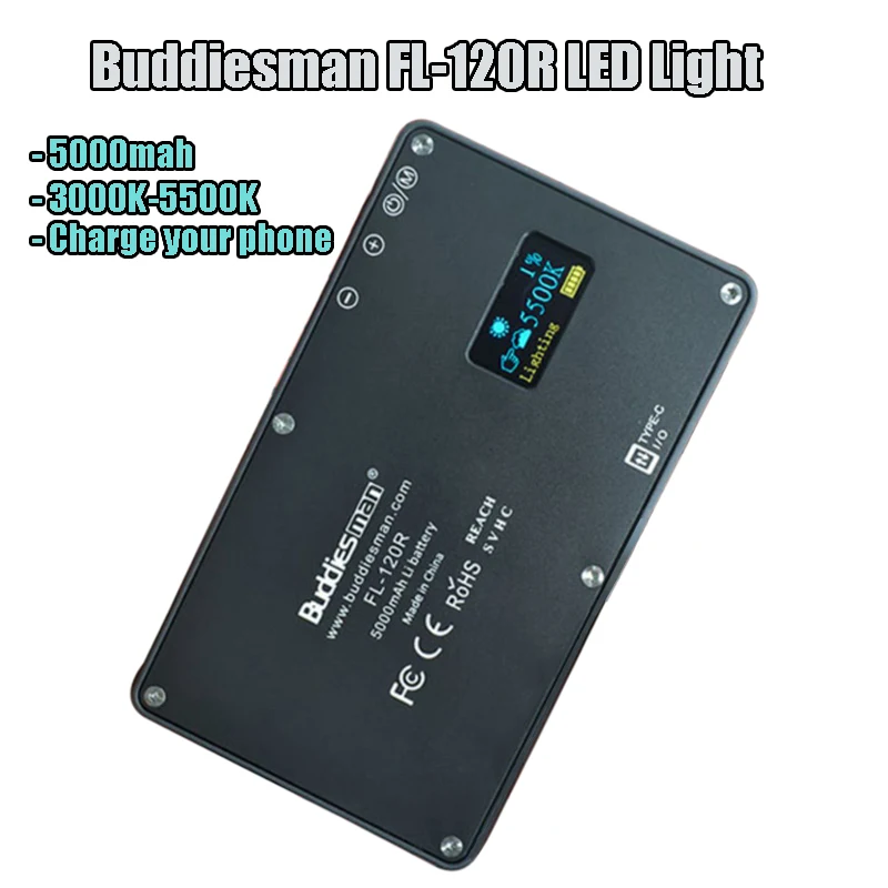 

Buddiesman FL-120R LED Light 5000mah 3000K-5500K Photography Lighting Pocket Fill light For Video Vlog Camera Smartphone FL 120R