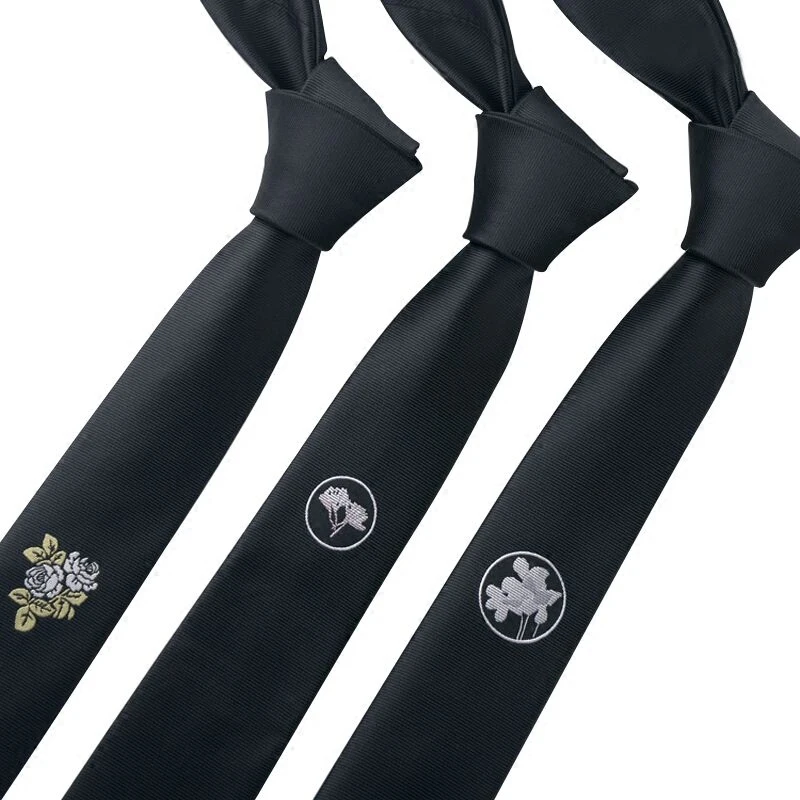 Мужской тонкий галстук черный винно красный с вышивкой обтягивающие галстуки
