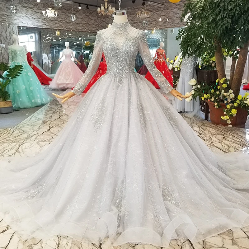 LS11026G высококачественное серое женское вечернее платье, бальное платье с кисточками, расшитое бисером, с высоким воротником, Тюлевое платье с длинным рукавом, блестящее платье для матери невесты