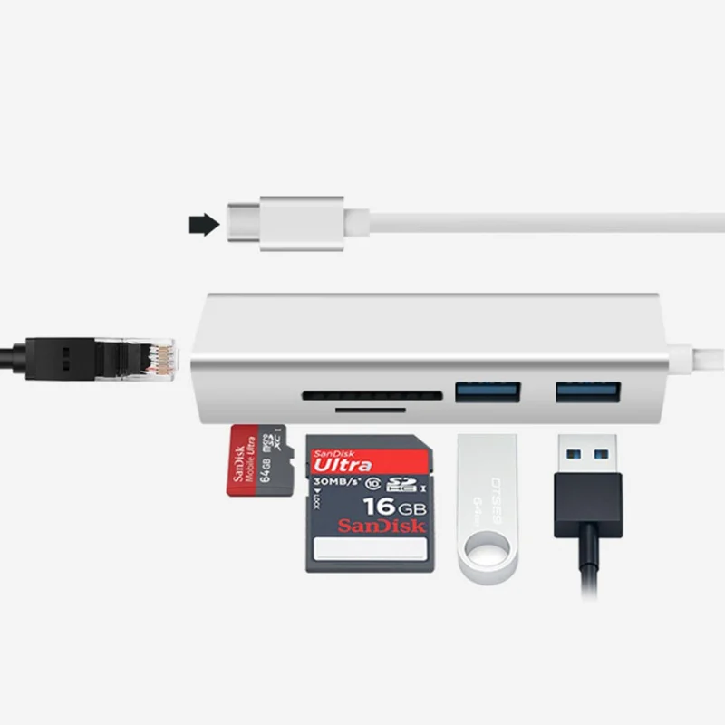 5 в 1 USB-C концентратор из алюминиевого сплава Type-C адаптер с RJ45 Ethernet портом USB 3 0 SD/TF