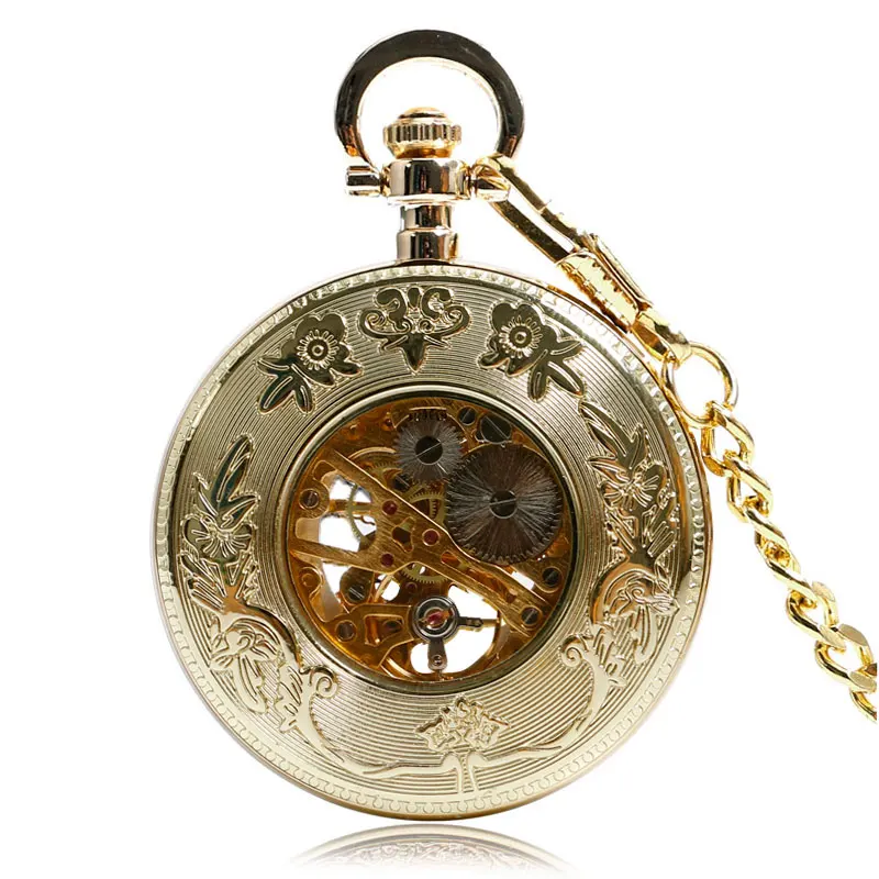 

Golden Open Face Luxury Vintage Mechanical Hand Wind Pocket Watch Men Women Pendant With 30cm Chain Steampunk Clock Necklace