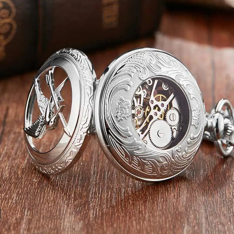 Vintage Silver Hollow Hunger Game Steampunk Mechanical Pocket Watch & FOB Chain Antique Watches Clock Hand Wind relogio de bolso