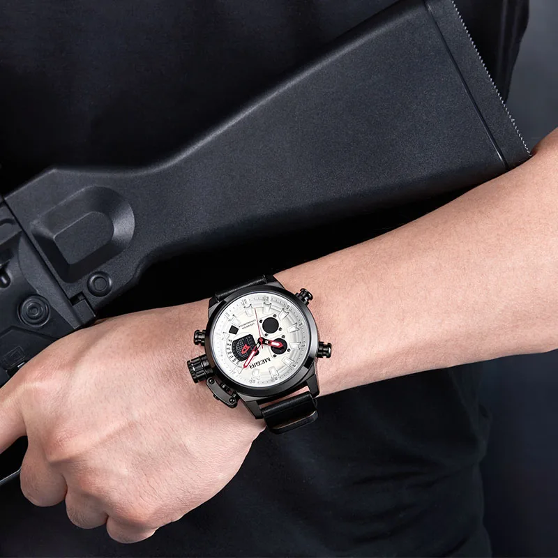 Часы MEGIR Мужские кварцевые с кожаным ремешком светодиодсветодиодный брендовые