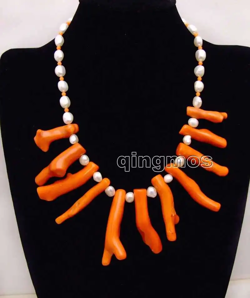 Big 8*70mm GENUINE Pink Branch shape Coral and 7-9mm White Baroque Pearl 18&quot Necklace-nec6163 Wholesale/retail Free shipping | Украшения