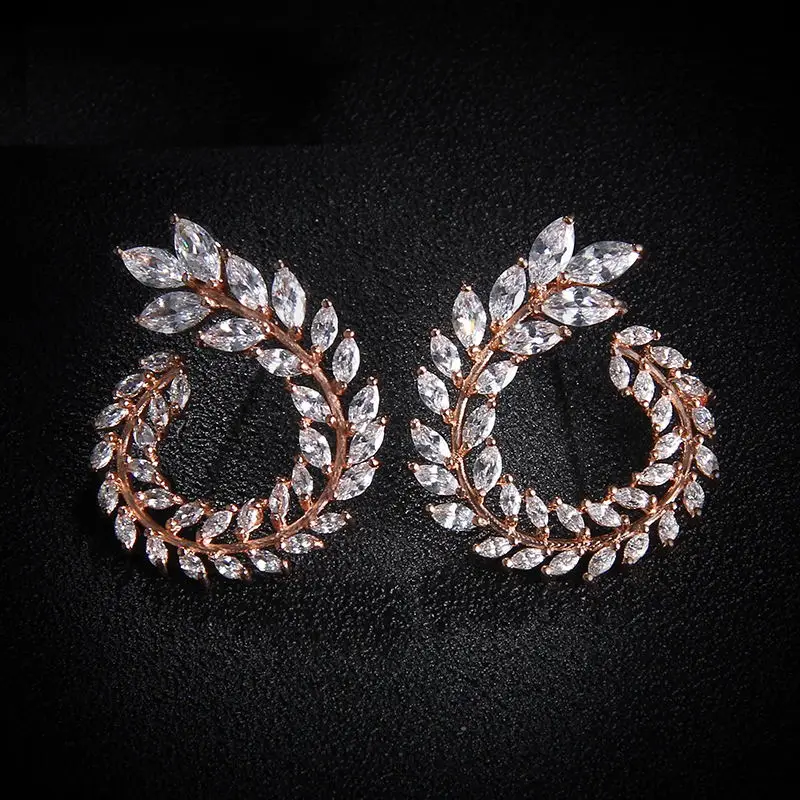 Earrings RoseGold LXOEN Роскошные AAA циркон Оливковая ветвь кулон набор для женщин Мода белый розовое золото цвет Свадебные Ювелирные наборы Вечерние - Окраска металла: Earrings RoseGold