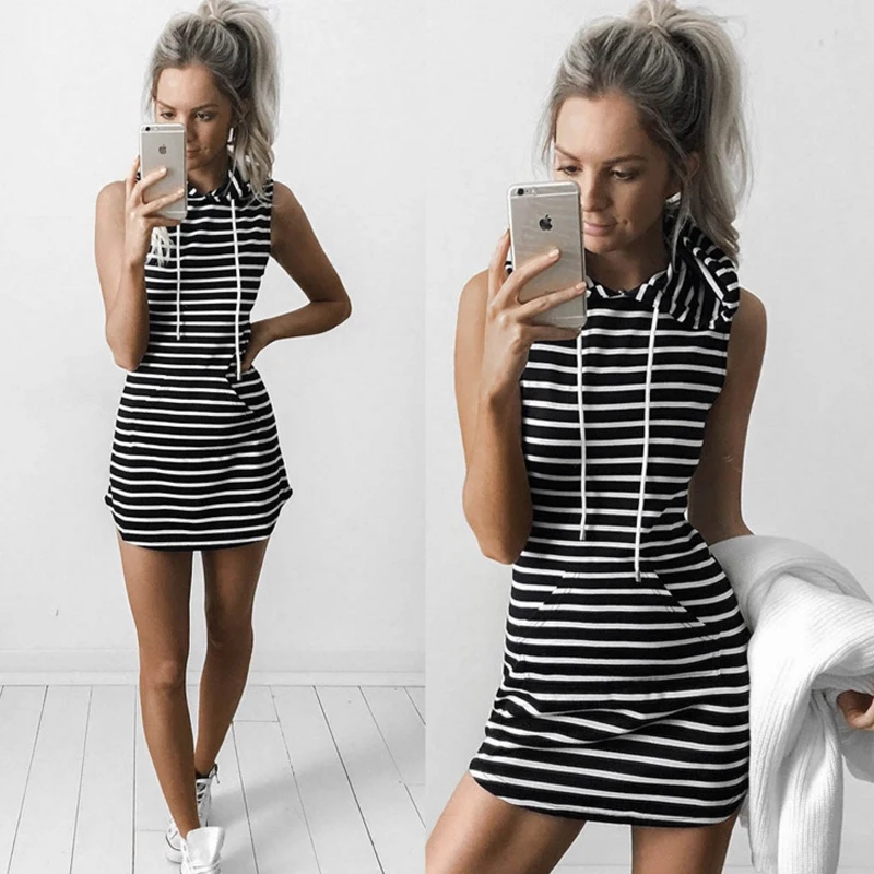 

Summer Casual Striped Hooded O-neck Short-sleeved Dress Black And White Striped Dresses Casual Elegant Sheath Slim Dress