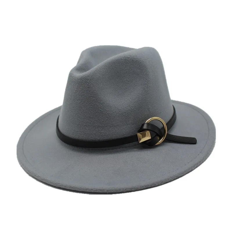 light grey OZyc Fedoras шапки для мужчин и женщин фетр металлический пояс Трилби шляпы с широкими полями Регулируемая фетровая шляпа в стиле джаз шляпа шапки Дамы chapeu Femme - Цвет: light grey