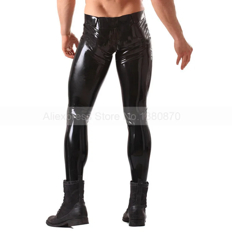 

Solid Black Male Rubber Latex Pants Man Sexy Trousers with Belt S-LTM013