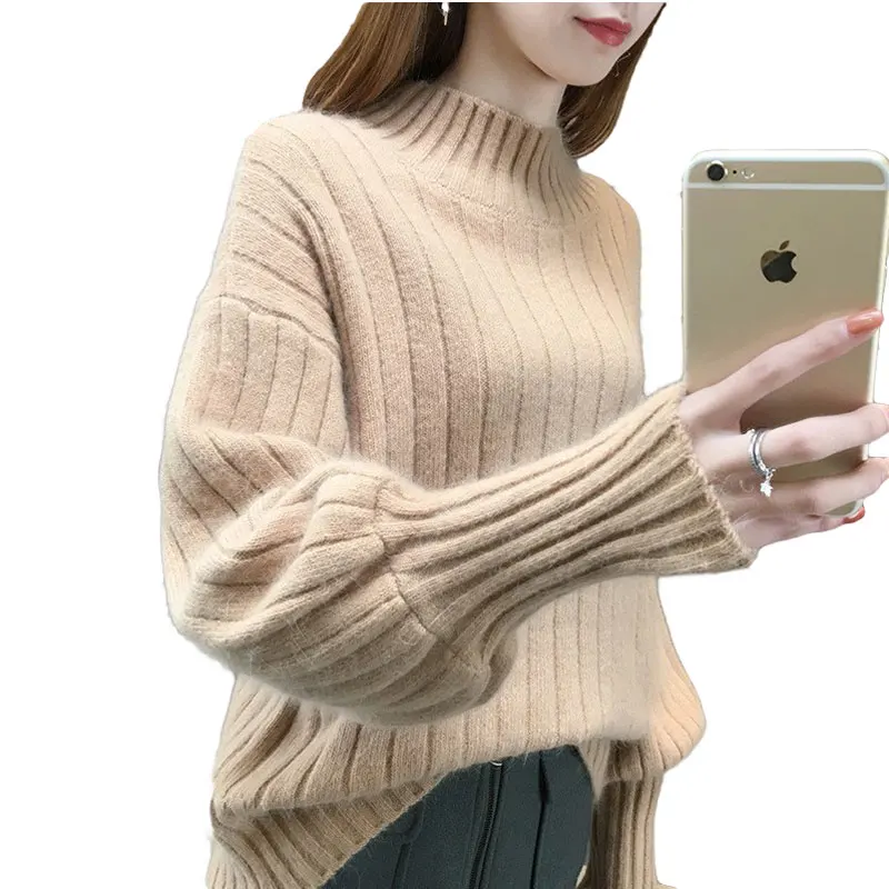

2018 New Korean loose hedging women knit shirts Half-high collar lantern sleeves fashion autumn winter Sweater primerTW016