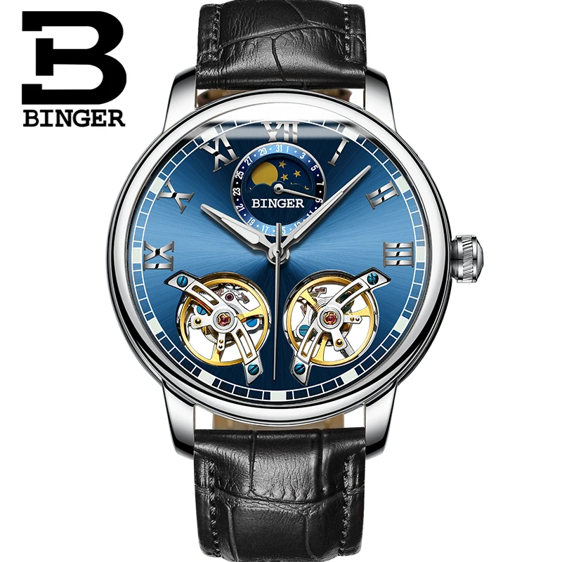 BINGER Mens Moon phases Tourbillon Automatic mechanical Watches Men Top Brand Luxury Dive 30M Business Leather watch Man 2017|watch brand men|watch