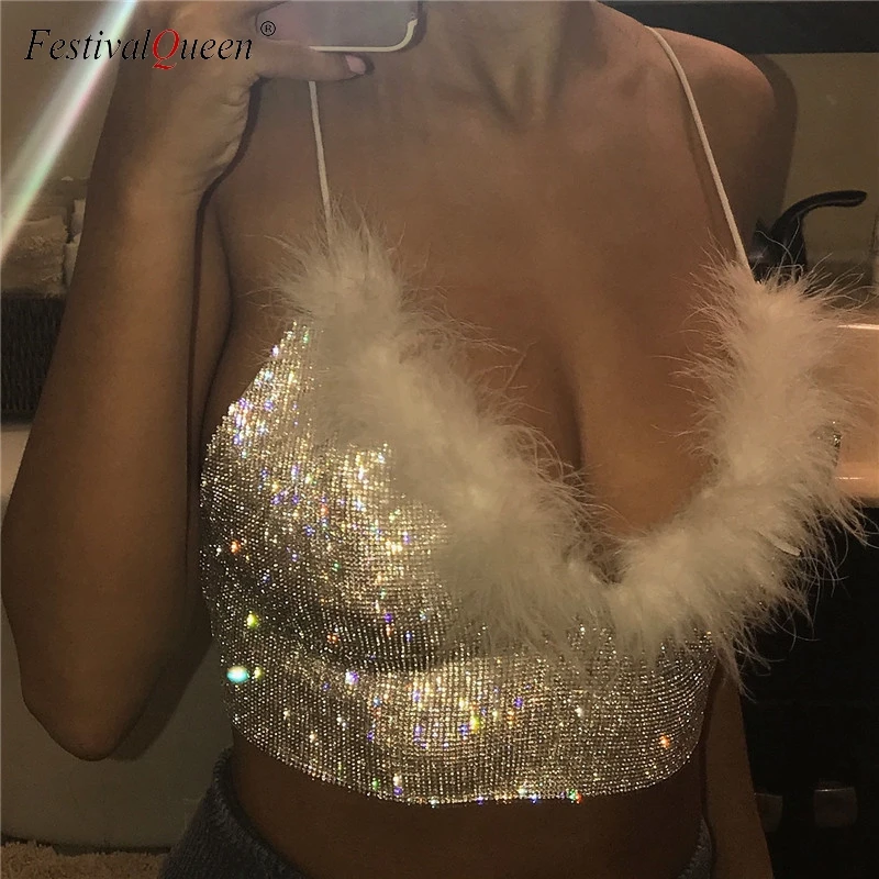 FestivalQueen модный серебряный горный хрусталь вечерние топы женские летние сексуальные глубокий v-образный вырез блестящие бриллианты пляжный ночной клуб cami Топы