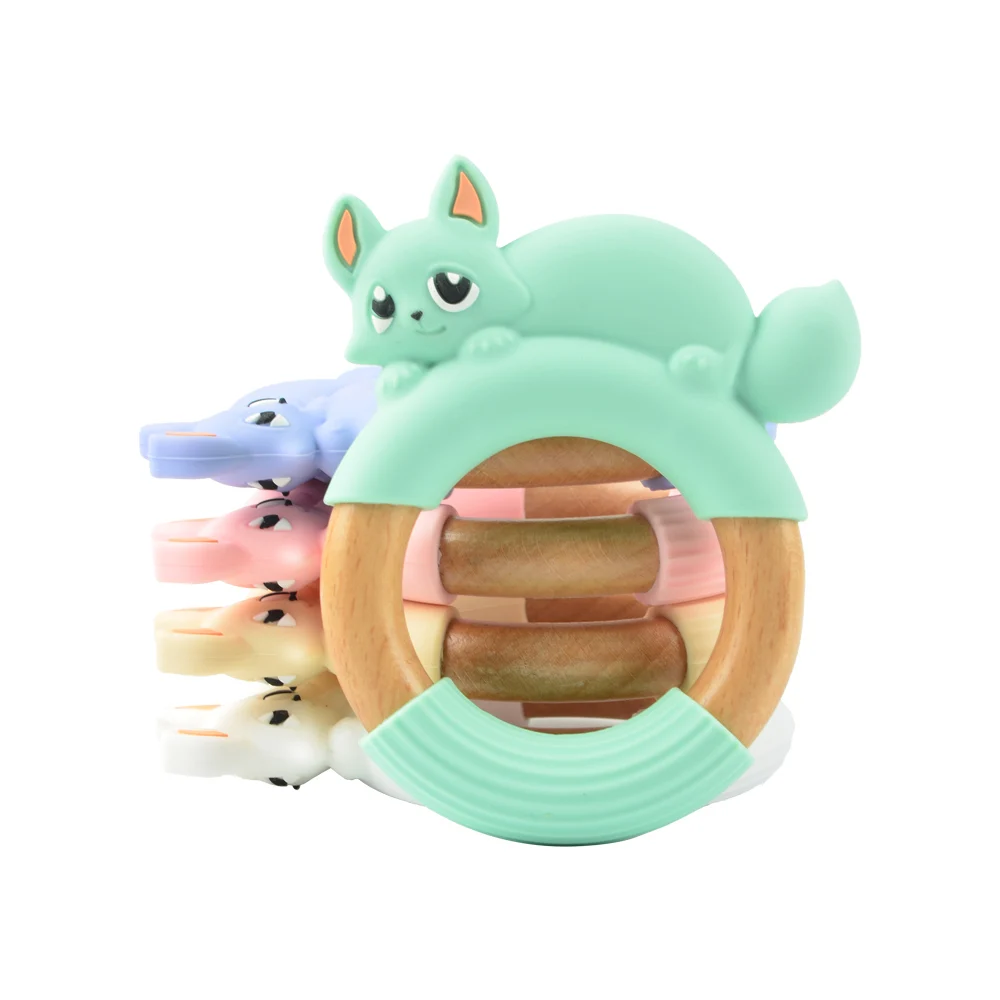 Silicone Fox Panda Teether Wooden Ring BPA Free Nursing Accessories Chewable Wooden Baby Teethers Natural Safe Necklace Bracelet