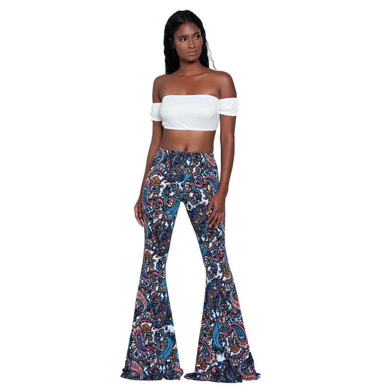Printting Boho Для женщин расклешенные брюки 2018 Хлопок Лен Длинные для леди Высокая