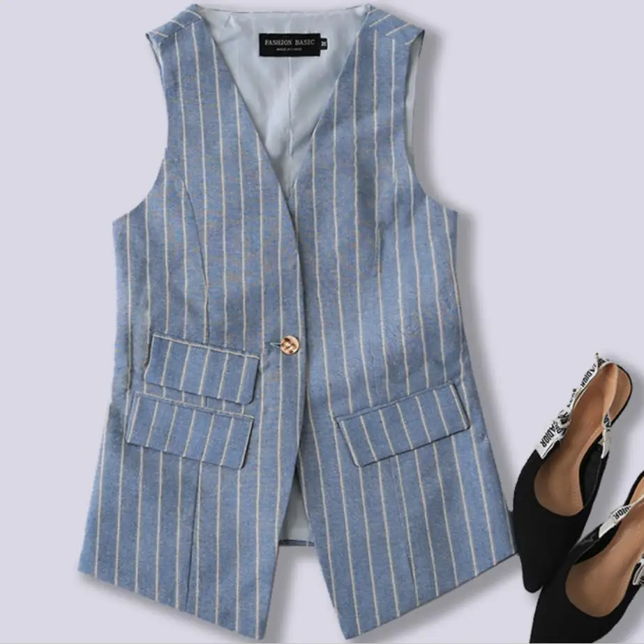 

Spring autumn Vintage Striped Blazer Women Casual Sleeveless Pocket OL Coat Waistcoat one button Vest Outwear