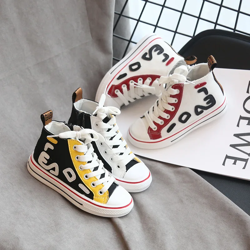 Children's canvas shoes boys 2019 autumn new color matching children's girls side zipper high help | Детская одежда и