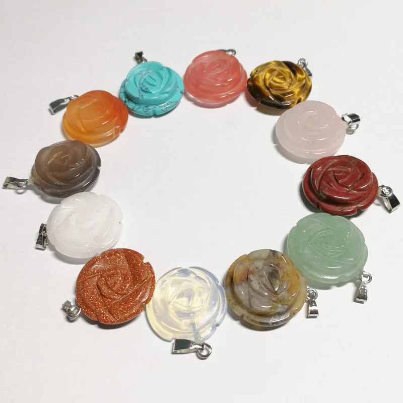 

Wholesale trendy natural stone Rose flower charms pendants mixed color 12pcs/lot Jewelry Accessories Free shipping