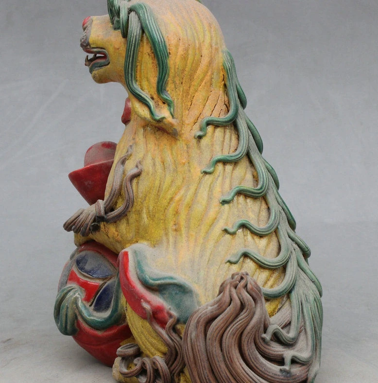 Folk Chinese wucai Porcelain wealth yuanbao Lucky Dog PiXiu statue pray ball | Дом и сад