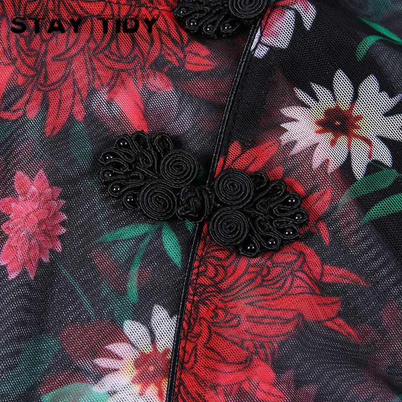 Оставайтесь аккуратными сетки Прозрачный цветочный принт рубашка с полосатым