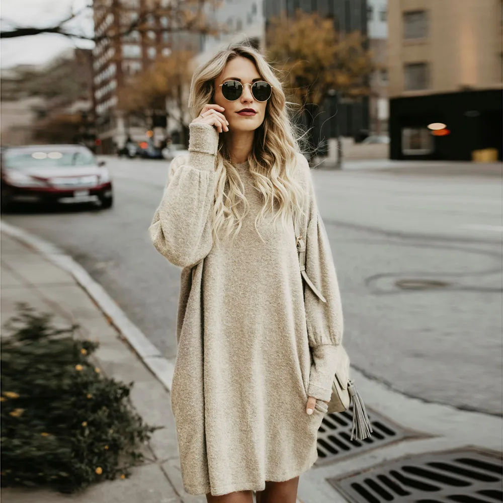 Fashion Women Solid O-Neck Pocket Long Sweater Sleeve Casual Loose Pullover Batwing knitted pullover sweaters long coat | Женская одежда