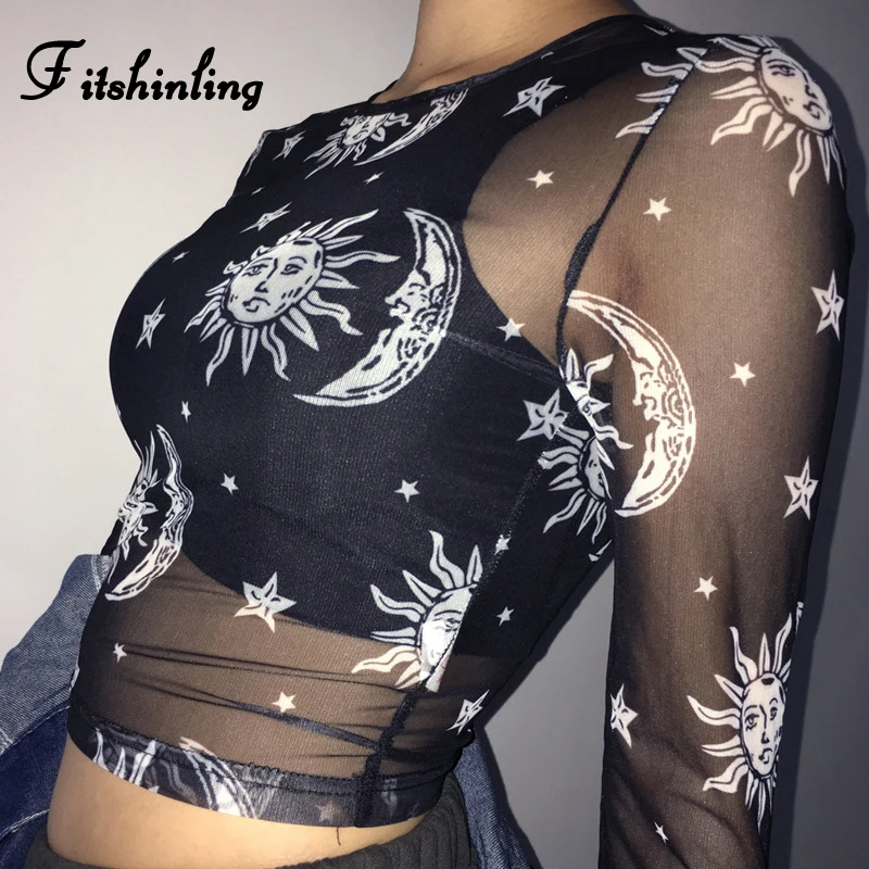 Fitshinling Новое поступление Сетчатая футболка женская укороченный топ Эстетическая