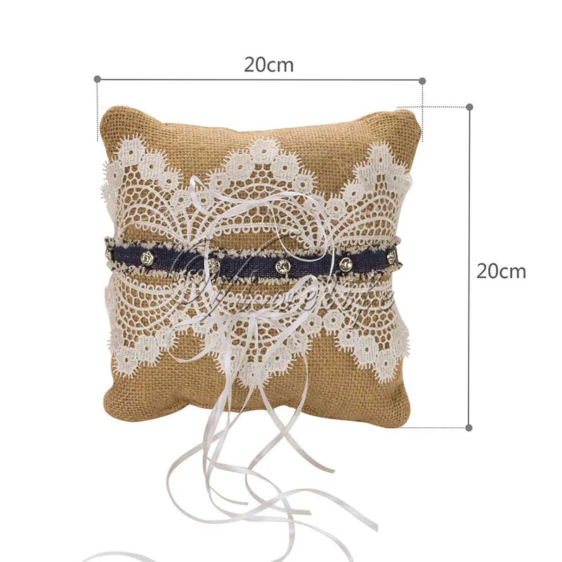 Handmade Burlap Wedding Ring Pillow with Lace Ribbon Bow 20cm Bridal Bearer Cushion for Event Party Favors Decor | Дом и сад