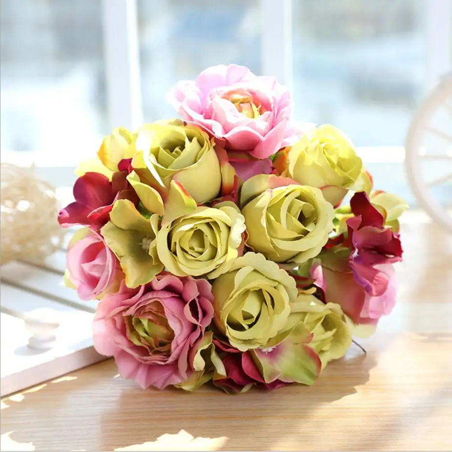12pcs green rose 1 букет искусственных роз, декоративные шелковые цветы, свадебные букеты для свадьбы, вечерние украшения для дома, свадебные принадлежности 1 - Цвет: 12pcs green rose