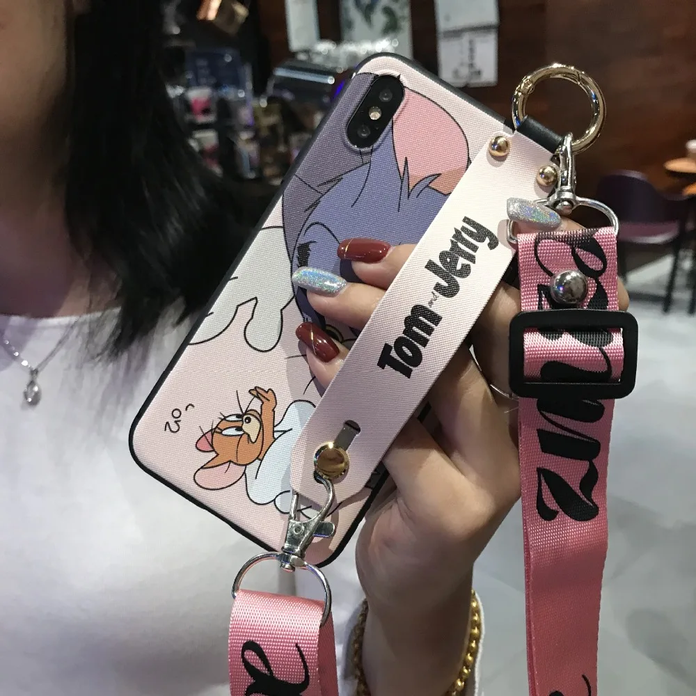 Забавный чехол с рисунком том Джерри для iPhone X, XR, Xs, Max, 8, 7, 6, 6s Plus, чехол на запястье, тканевый чехол с ремешком через плечо