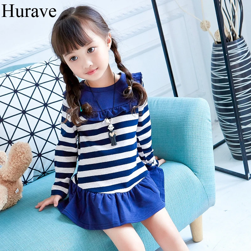Hurave Spring and Autumn Children 's Wear Navy Style Cotton Long Sleeve Stripe Hem Patchwork Lotus Leaf Dress girl dress | Детская