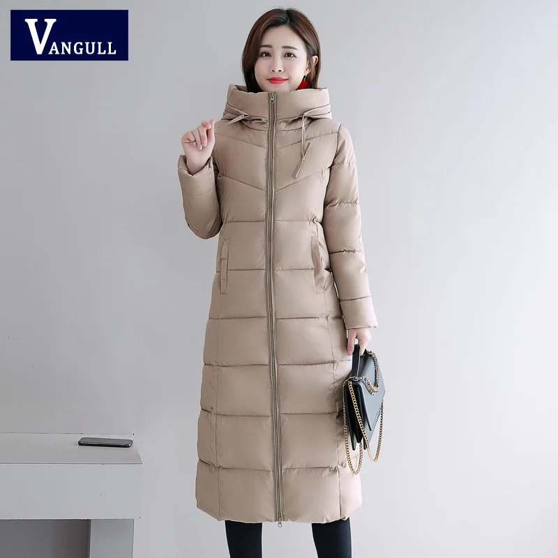 Vangull/Новинка; большие размеры 6XL; женские зимние куртки с капюшоном и воротником-стойкой; Женское пальто с хлопковой подкладкой; Женская длинная парка; теплые толстые пальто