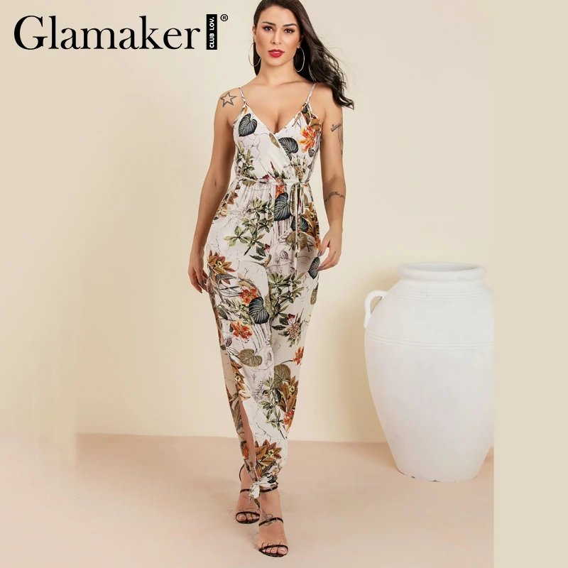 Женский комбинезон с цветочным принтом Glamaker длинный без рукавов треугольным