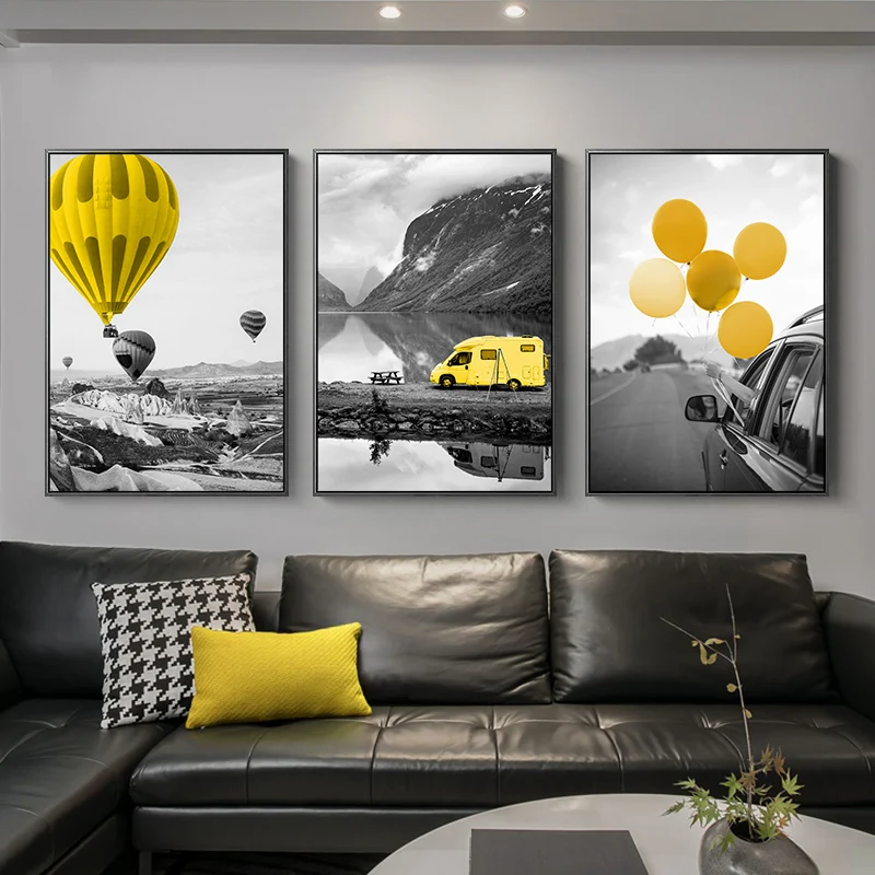 

Modern yellow balloon street black and white canvas painting posters and prints decor wall art pictures for living room bedroom