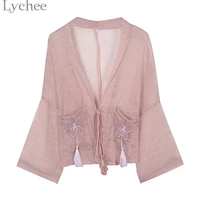lychee women chinese style sakura tassel cardigan lace up floral casual shirt loose long sleeve blouse female