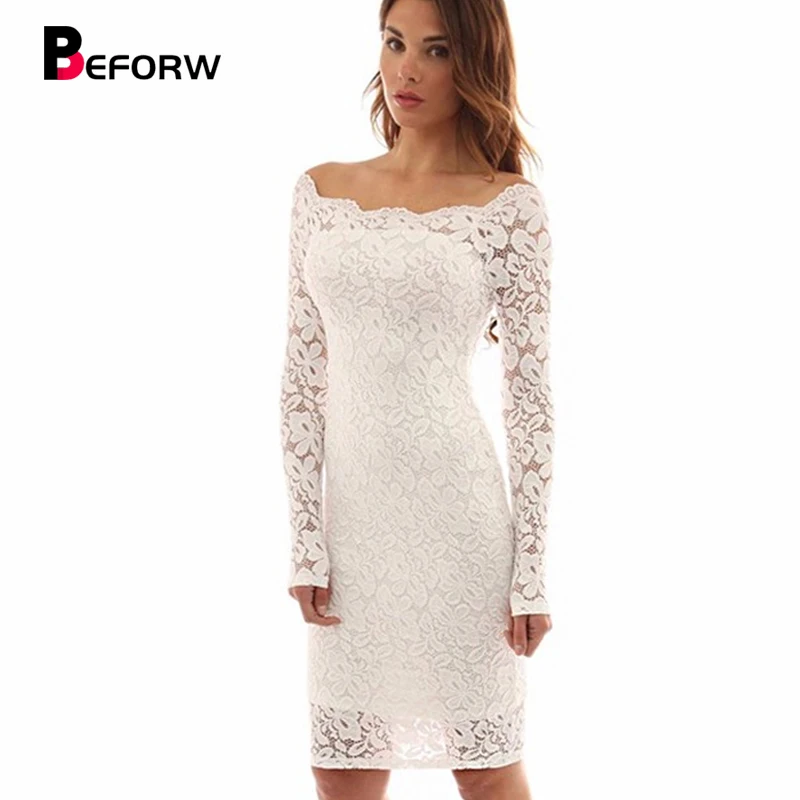 BEFORW 2018 сексуальный с плеча платье Vestidos Длинный рукав белый женское кружевной