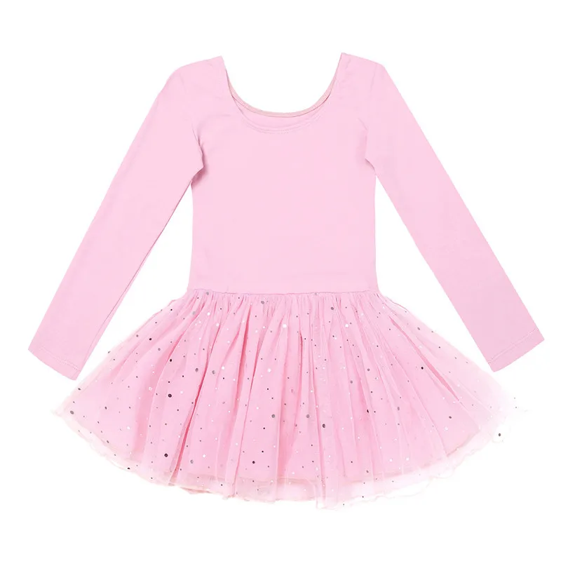 Pink IEFiEL/Детское платье-пачка из блестящей сетки с длинными рукавами для девочек, балетное танцевальное трико, платье для выступлений для девочек, танцевальное платье для балета - Цвет: Pink