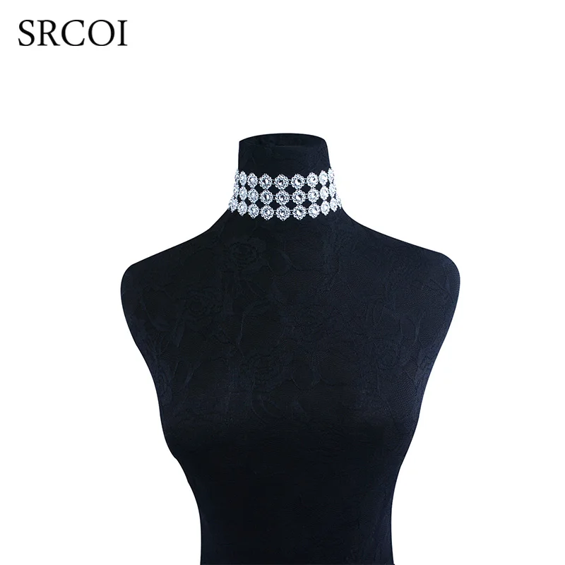 SRCOI Lady's Rhinestone Choker Necklace Detail Flower Layered Crystal Collares Sexy Maxi Collier As Mothers Day Gifts | Украшения и