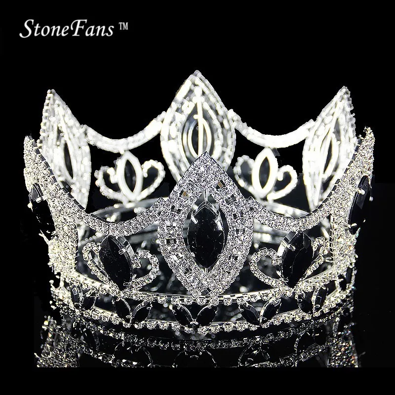 StoneFans ювелирные изделия для волос большая королева невесты Круглая Корона Свадебные цвета Круглый черный кубический цирконий Корона королевские тиары и короны